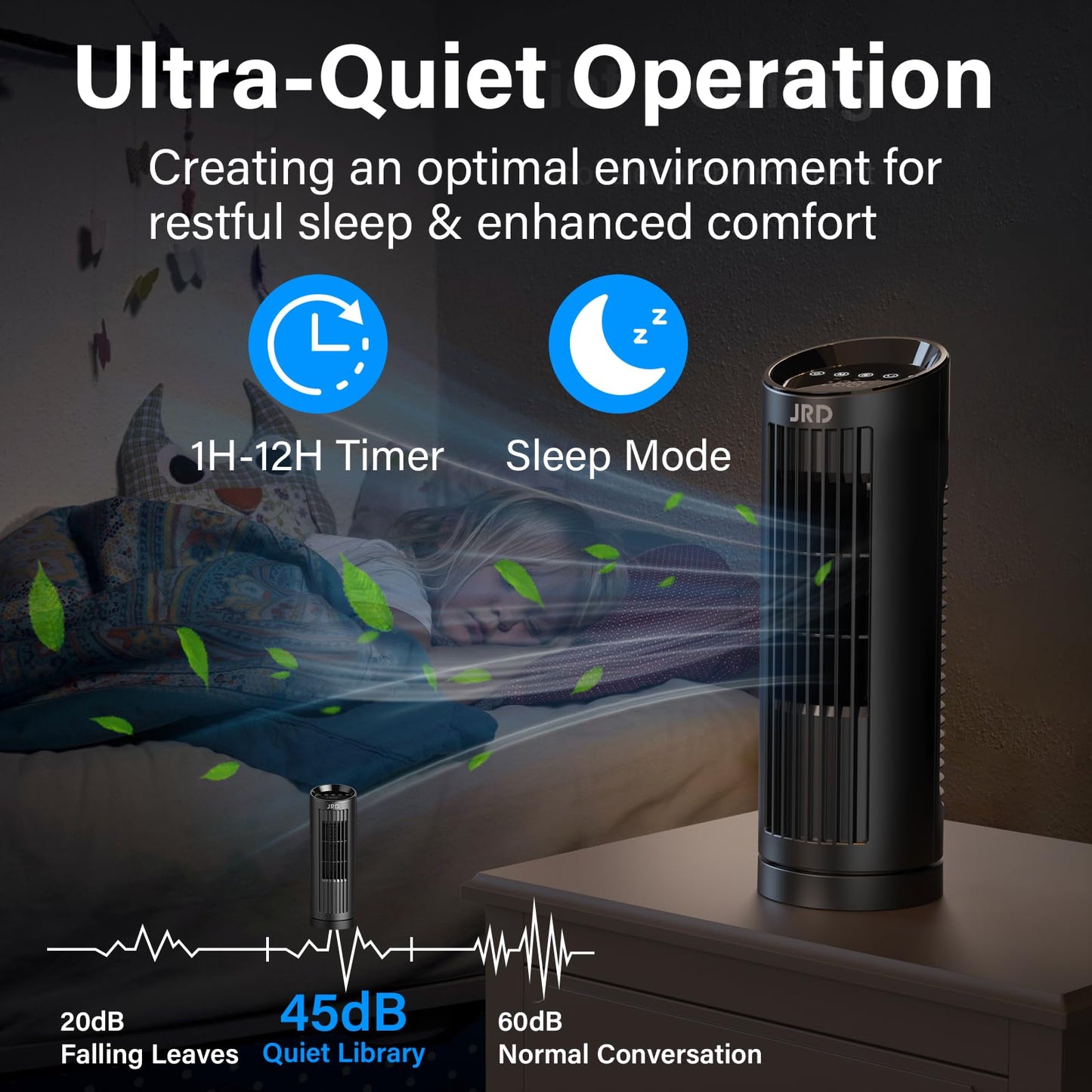 JRD 13'' Tower Fan for Bedroom, Quiet Cooling Desk Fan with Remote, 80° Oscillating, 3 Speed, 4 Mode, 12h Timer, Digital Touch Screen, Portable, Safe Bladeless Table Fan for Home Desktop Office