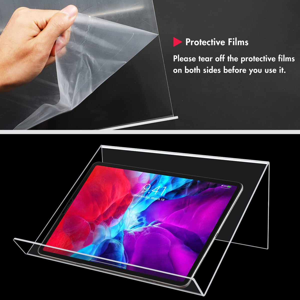 Kamehame Book Stands for Display, 2 Pack Slightly Elevated Clear Acrylic Book Display Stand with 1.5" Ledge, Book Easel Anti-slip Border for Handwriting Reading Art and Laptop, 12"x8.5"x5.1"