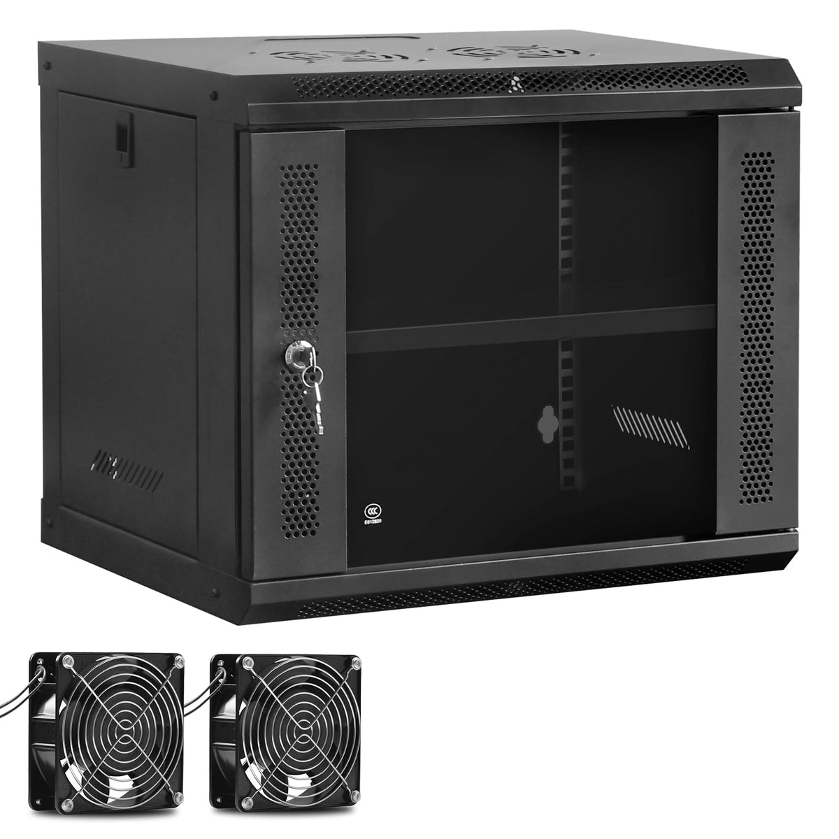 Wall Mount Network Cabinet with Fans and Shelves, IT Network Rack Enclosure Cabinet with Locking Glass Door, Removable Side Panels, Cooling Fans, for 19” IT Equipment (9U)