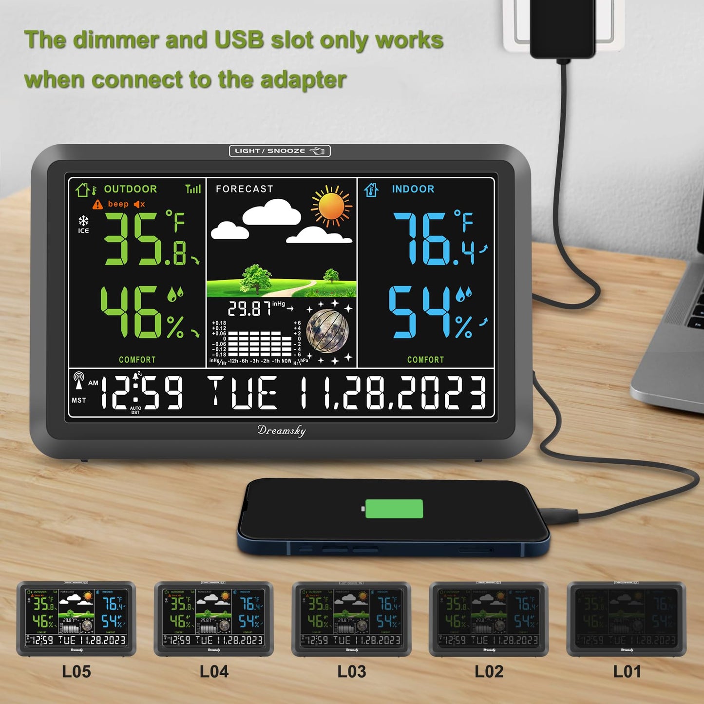 DreamSky Weather Station Indoor Outdoor Thermometer Wireless with Digital Atomic Clock for Home, Large Display with Dimmer, USB Port, Inside Outside Temperature Humidity Monitor (Plug-in)