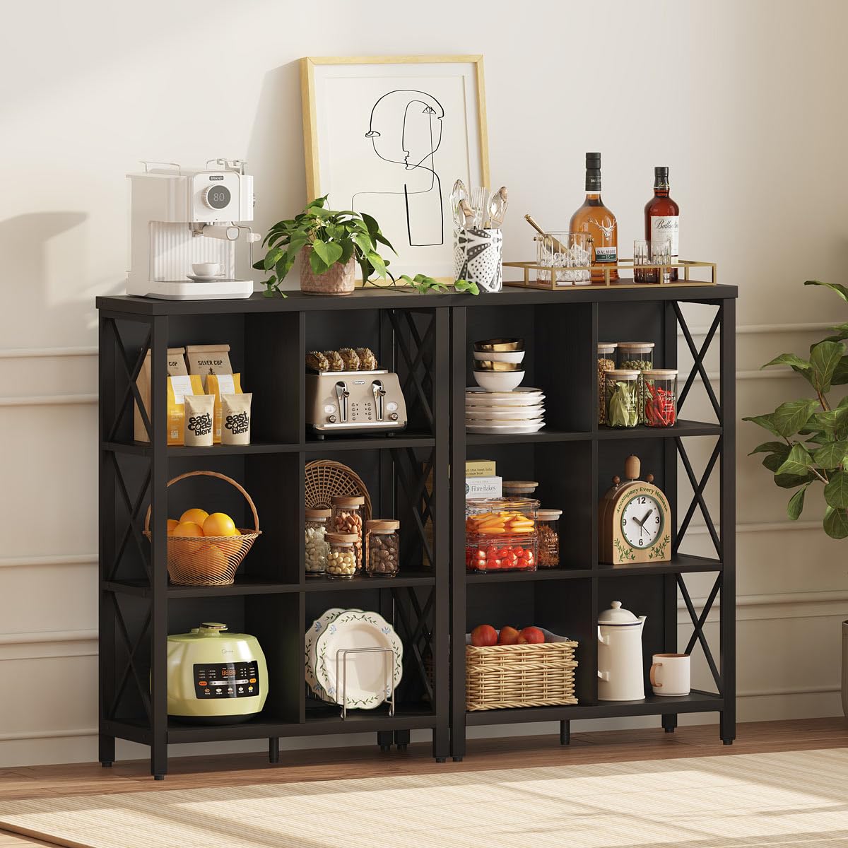 FATORRI 6 Cube Storage Organizer with Storage, Modern 4-Tier Bookshelf with X-Shaped Metal Frame, Black Wood Bookcase for Living Room, Home Office, Bedroom, Easy Assembly