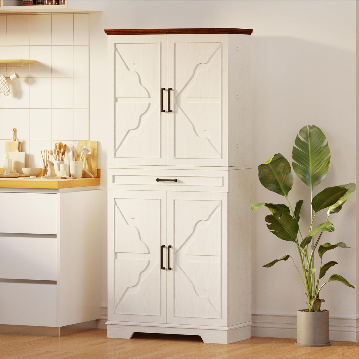 IRONCK Farmhouse Pantry Cabinet, 72" Tall Kitchen Storage Cabinet, Freestanding Cupboard with Sliding Rack & 6 Hanging Shelves,Kitchen Pantry Furniture for Dining Room, Easy Assembly, White