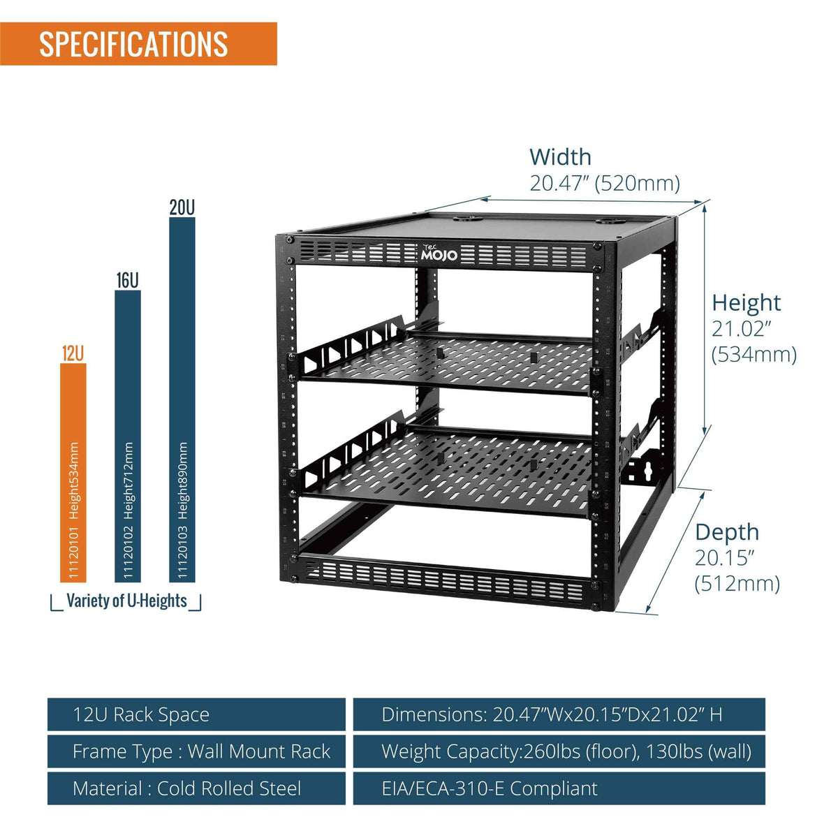 Tecmojo 12U Open Frame Network Rack for IT & AV Gear, AV Rack Floor Standing or Wall Mounted,with 2 PCS 1U Rack Shelves & Mounting Hardware,Network Rack for 19" Networking,Audio and Video Device