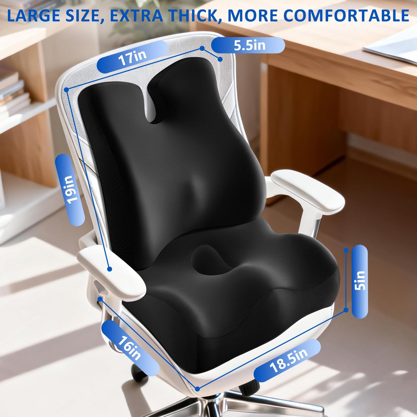 JIPORIER Lumbar Support Pillow for Office Chair,Seat Cushion with Back Support,Office Chair Cushion for Tailbone Pain,Sciatica and Hemorrhoid Relief (Black)