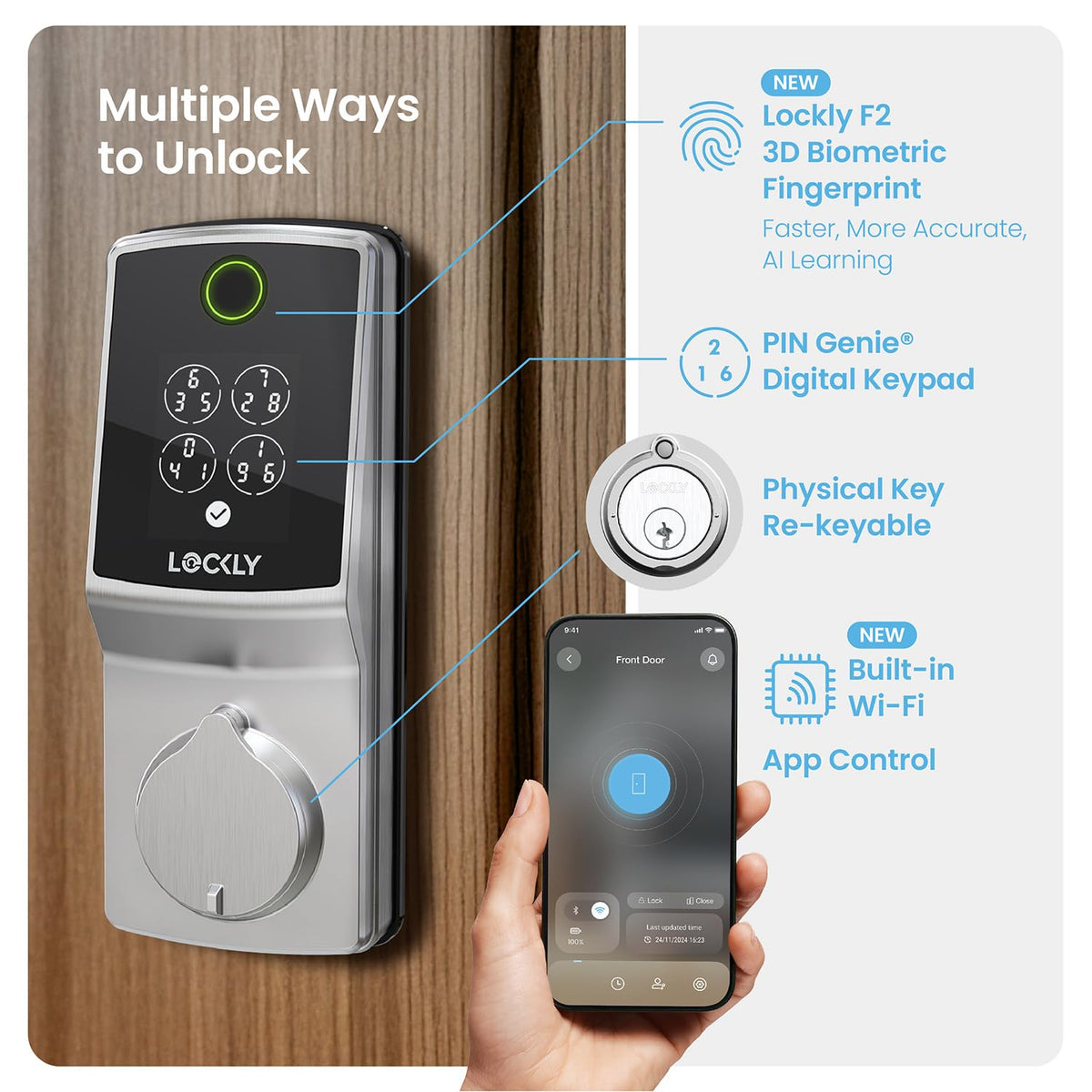 Lockly Secure Pro (Latest Version), Smart Lock with Built-in Wi-Fi, New-Gen Fingerprint Door Lock, Keyless Entry Deadbolt, PIN Genie Keypad, Auto Lock, App Remote Control, Easy Installation