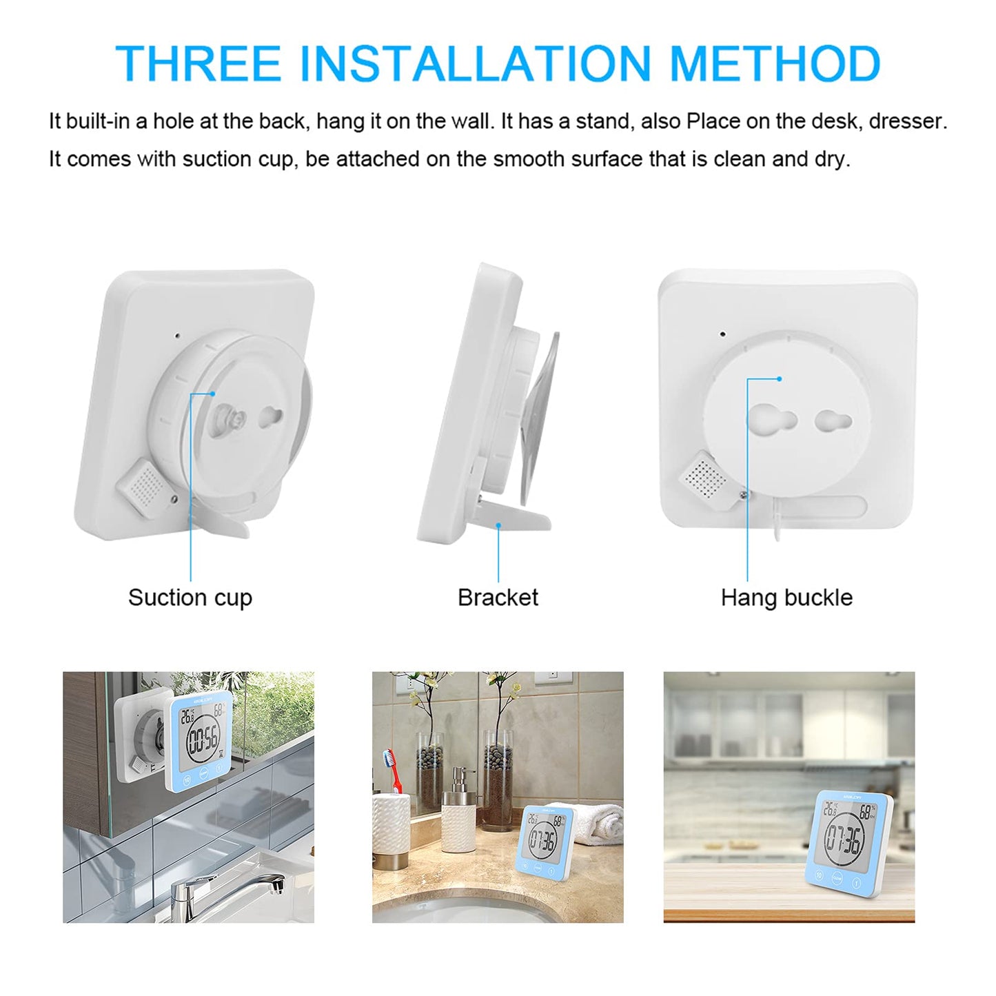 Digital Bathroom Shower Wall Clock Timer, LCD Digital Wall Clock with Suction Waterproof Temperature Humidity Gauge, Touch Screen Timer, Large Countdown Visual Timer Hanging Wall Clock