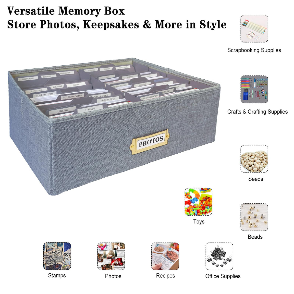 Sprsthai Linen Photo Storage Box – Holds 1700 Photos, 24 Adjustable Dividers & 72 Labels Multi-Use Organizer for Photos, Envelopes, Recipes Beige