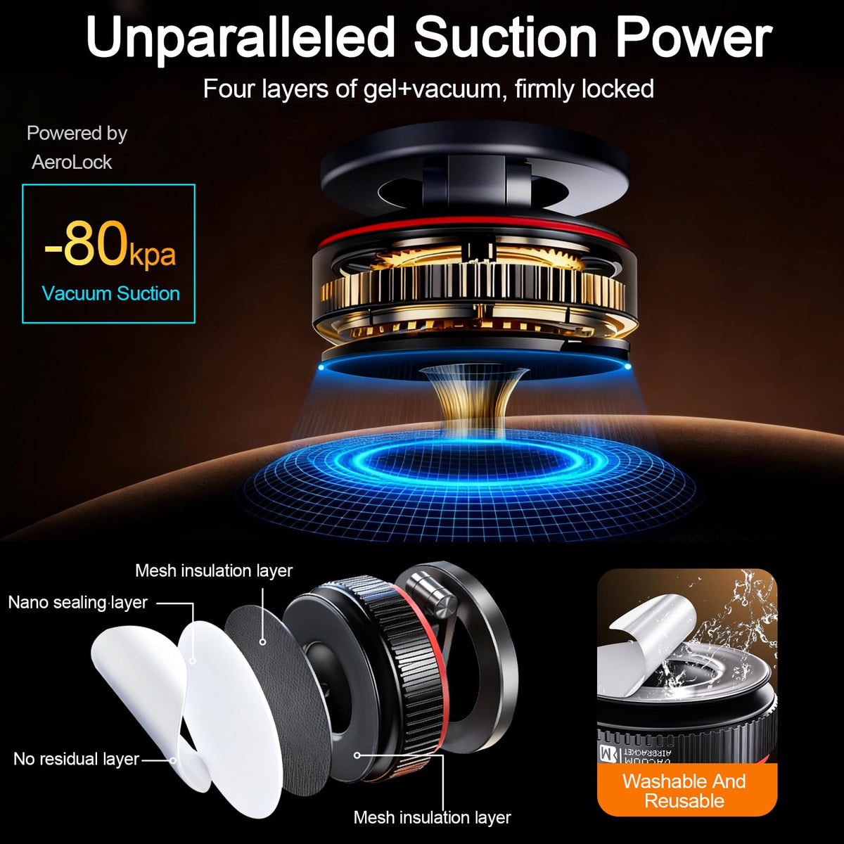 makecatch Magnetic Car Phone Mount, 120+ LB Vacuum Suction & 3000gf Magnetic Force, 360° Triple-Axis Adjustable Car Holder for iPhone & All Phones, Twist-Lock Suction Cup, Quick-Release (Black)