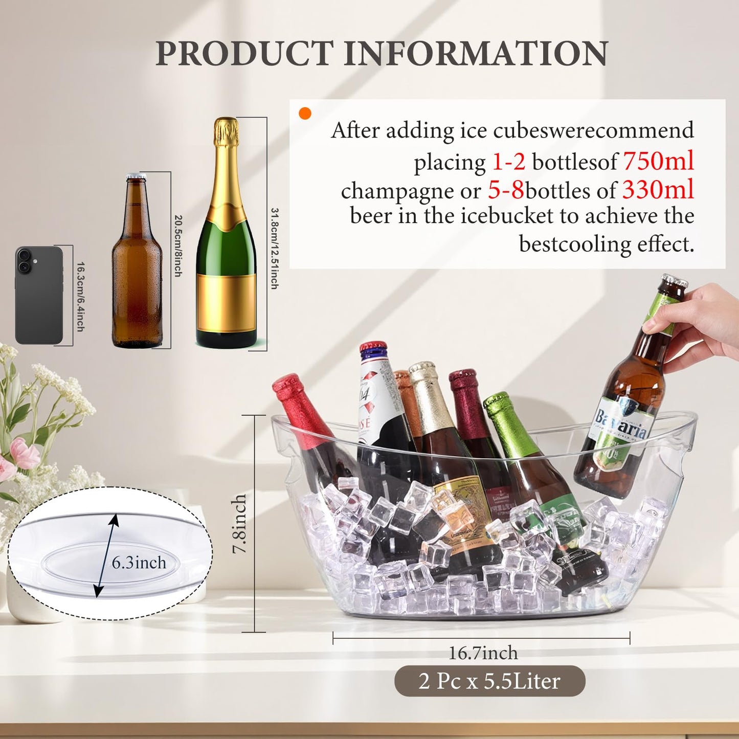 Ice Bucket 2 PCS, Thickened Ice Buckets for Parties, Mimosa Bar Supplies Beverage Tub for Champagne Beer Sparkling Wine Cocktails（5.5L) 16.5 * 7.3 * 6.8inch