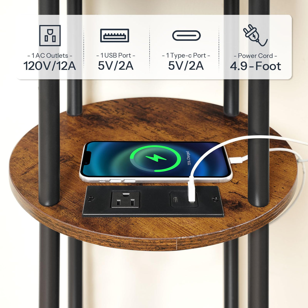HOOBRO Small Round Side Table, 3-Tier Compact Sofa End Table with Charging Station, Circle Bedside Table Nightstand with Storage, for Small Space, Living Room, Bedroom, Rustic Brown BF219UBZ01