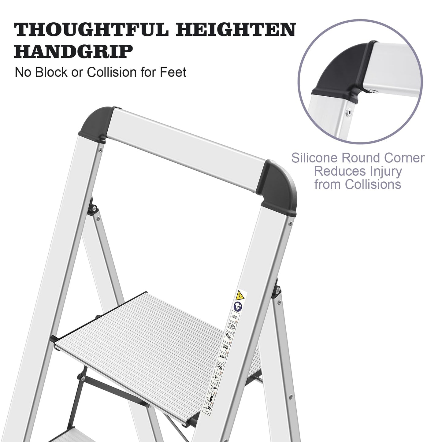 KINGRACK Aluminium 4 Step Ladder, Lightweight Step Stool with Non-Slip Pedals, Handrail, Foldable Step Ladder for Kitchen, Garage, Home, Space Saving, Sturdy and Portable, Silver