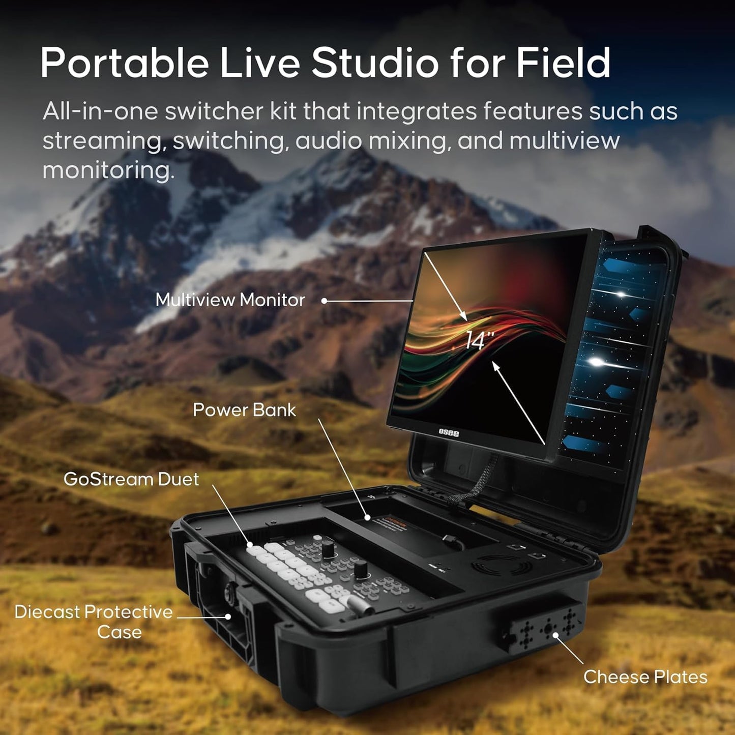 osee GoStream Duet All in One Pro Video Switcher Multiple Live Stream Camera Video Converters Audio Mixer with 4 HDMI/SDI Inputs and 2 HDMI Output USB-C I/O with 14 Inch Monitor Built-in