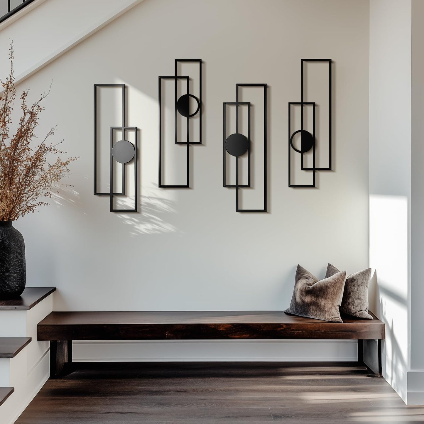 Abstract Black Metal Wall Art for Living Room, 4 Pack Large Wall Sculptures Minimalist Modern 3D Textured Geometric Metal Wall Decor for Bedroom Bathroom Kitchen Study