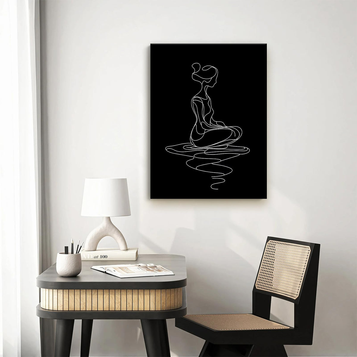 CCCHCY Minimalist Black and White Line Canvas Wall Art, Abstract Modern Zen Art Print, Meditating Woman Wall Decor, Serene Yoga Pose Artwork, Spiritual Home Décor for Living Bedroom, 12" x 16"