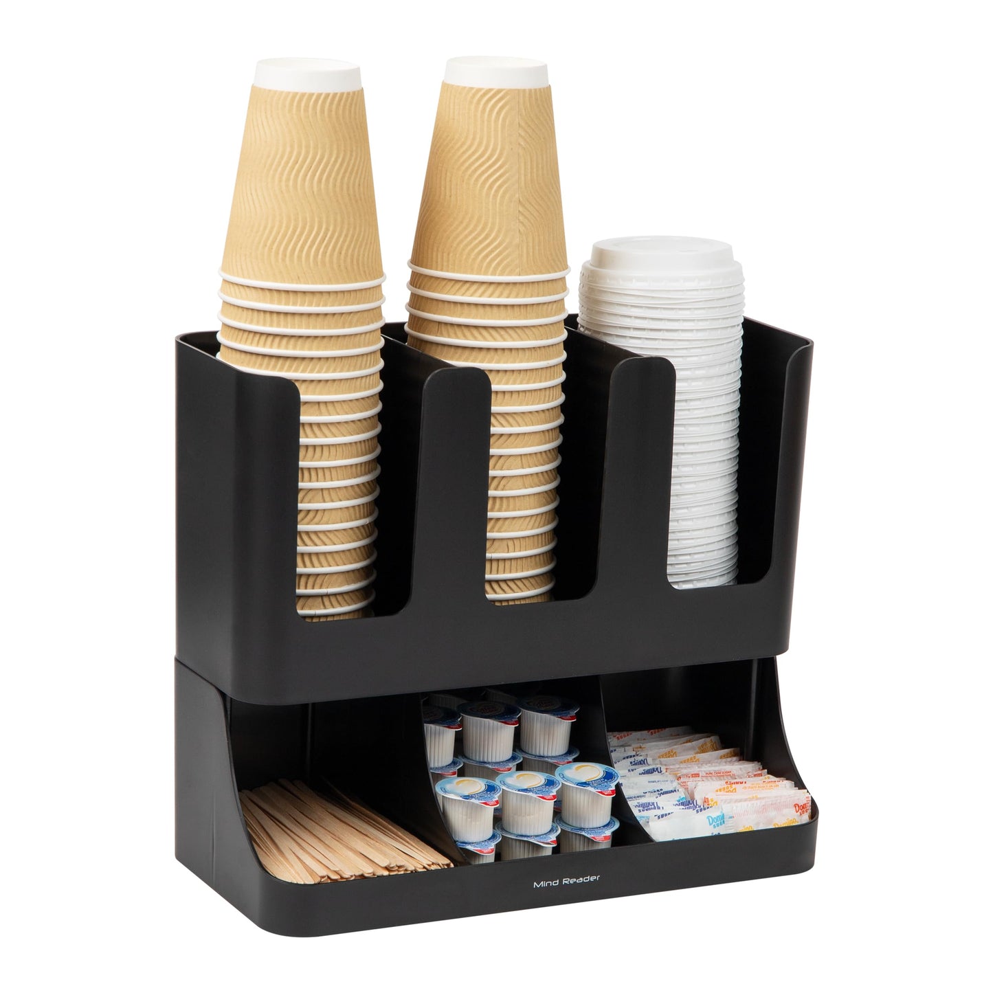 Mind Reader Cup and Condiment Station, 13 Inch Countertop Coffee Bar Organizer with 6 Compartments, Storage Caddy for Cups, Lids and Packets, Plastic, Black