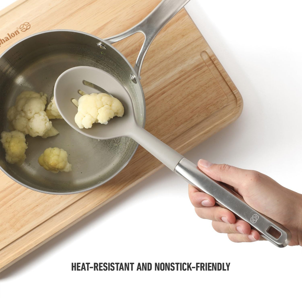 Calphalon Prime Stainless Steel Slotted Kitchen Spoon/Skimmer W/Taupe Silicone Head