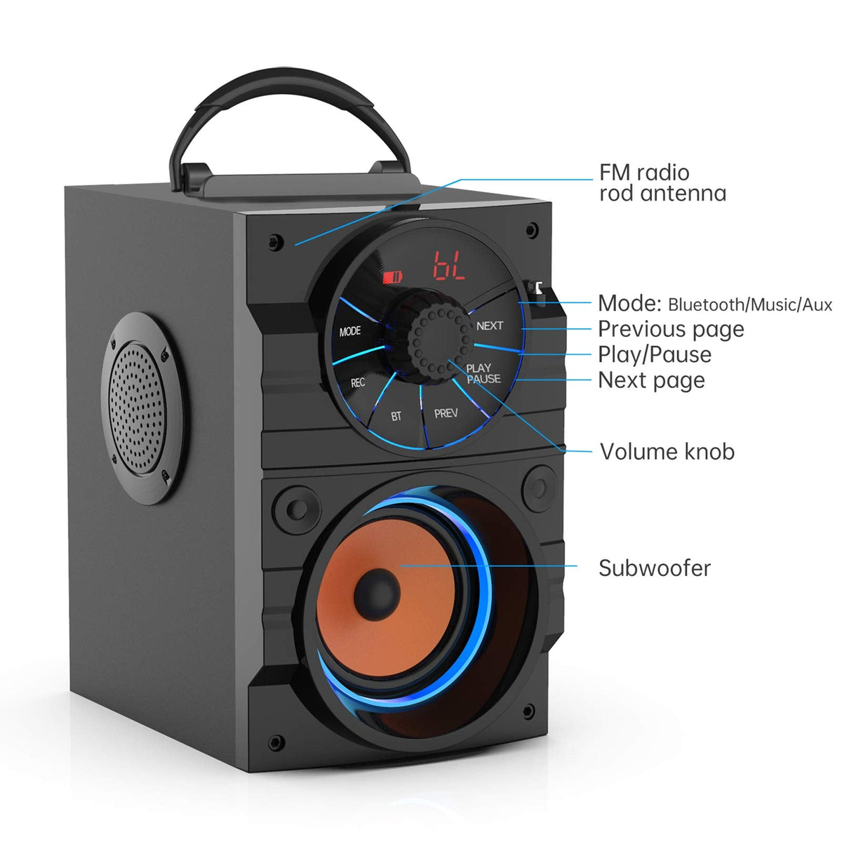 Aesackir Portable Big Bluetooth Speakers with Light, Wireless with Subwoofer, FM Radio, LED Lights, EQ, Booming Bass, Bluetooth 4.2 Stereo Loud Outdoor/Indoor Retro, for Home, Camping, Travel, Black