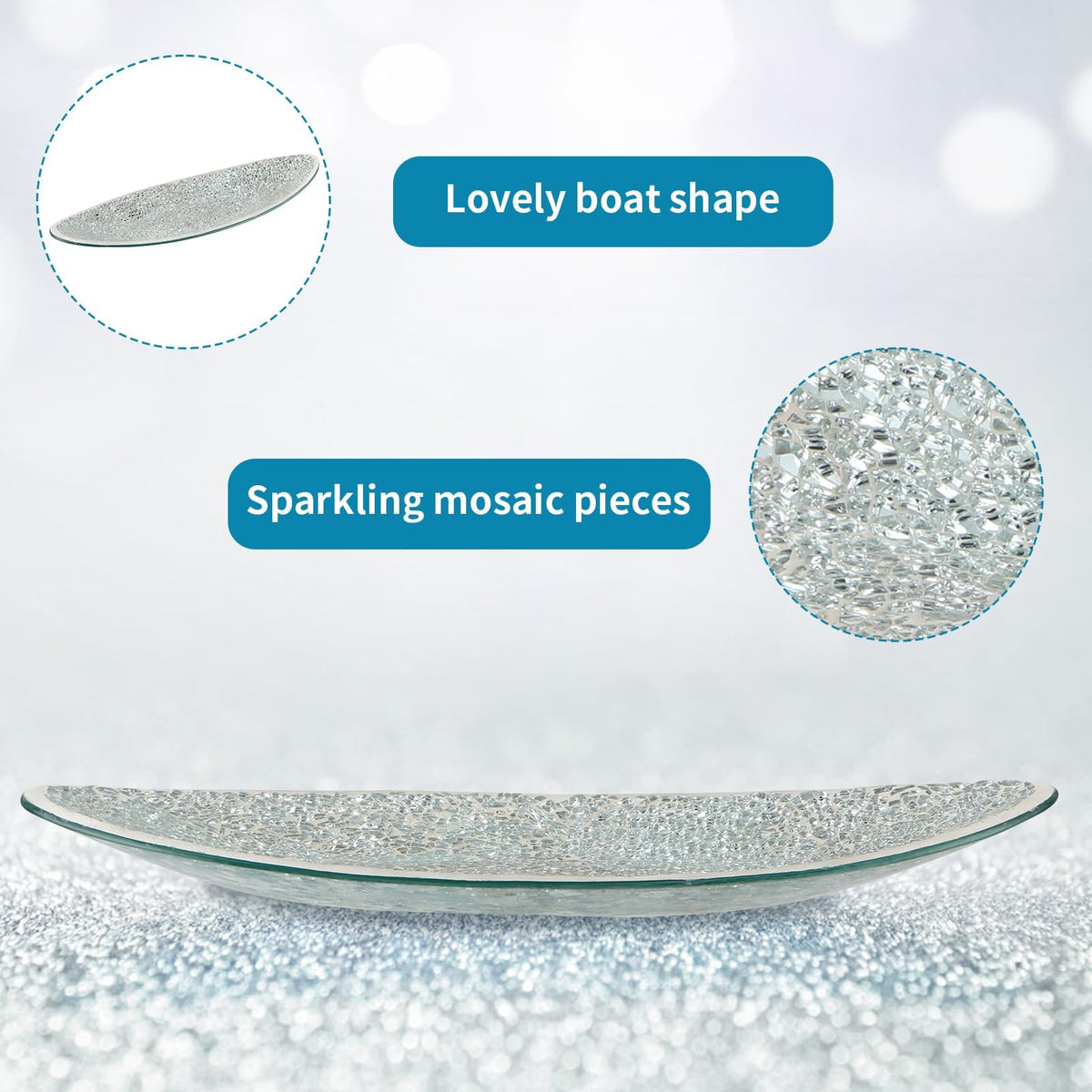 MDLUU Small Glass Mosaic Decorative Silver Boat Shaped Tray, Living Room Table Centerpiece Bowl, Home Decor Accent Plate for Orbs, Candles, Potpourri