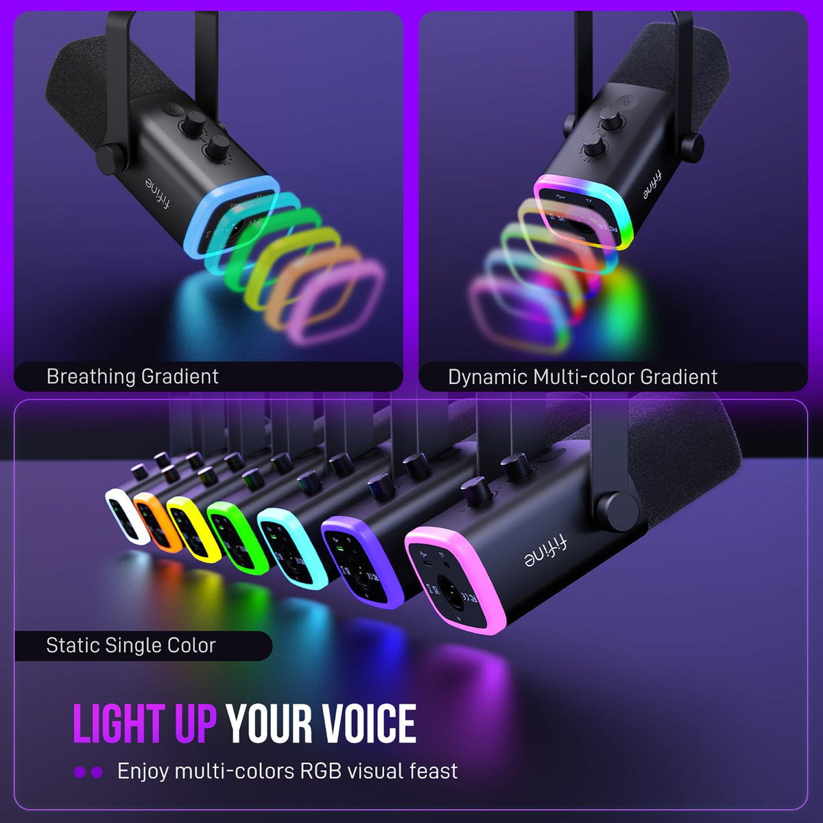 FIFINE XLR/USB Gaming Microphone Set, Dynamic PC Mic for Streaming Podcasting, Computer RGB Mic Kit with Boom Arm Stand, Mute Button, Headphones Jack, for Recording Vocal Voice-Over-AmpliGame AM8T