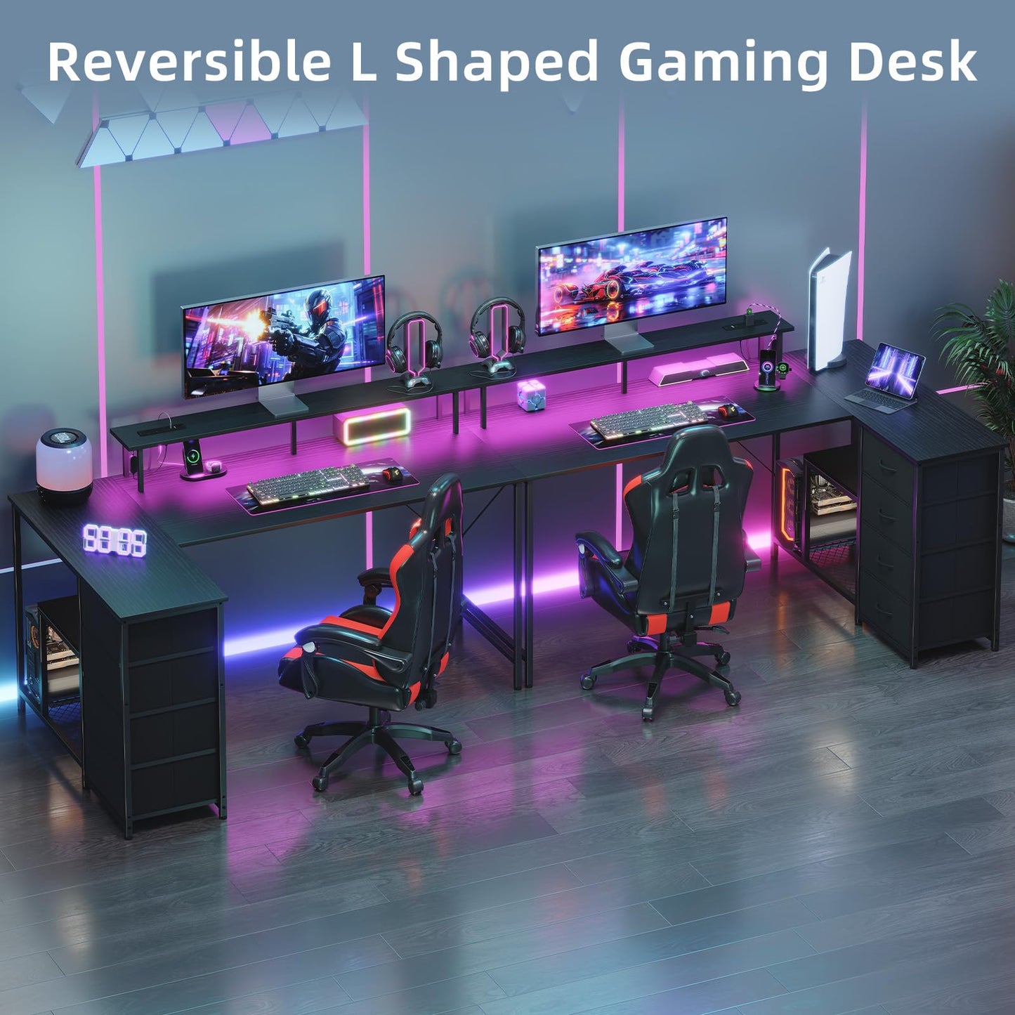 Somdot L Shaped Desk with 4 Drawers,61" Reversible Home Office Desks with Power Outlets,L Shaped Gaming Desk with USB Charging Port,Corner Desk with Storage Shelves,Easy to Assemble,Black