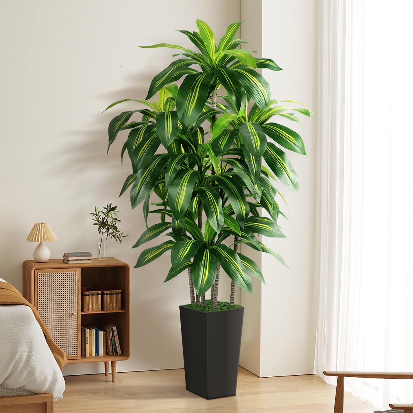 Artificial Dracaena Tree Indoor, 6FT Tall Fake Tree with Black Tall Planter, Artificial Trees Fake Yucca Potted Tree for Home Office Living Room Decor, Tall Artificial Plant for Housewarming
