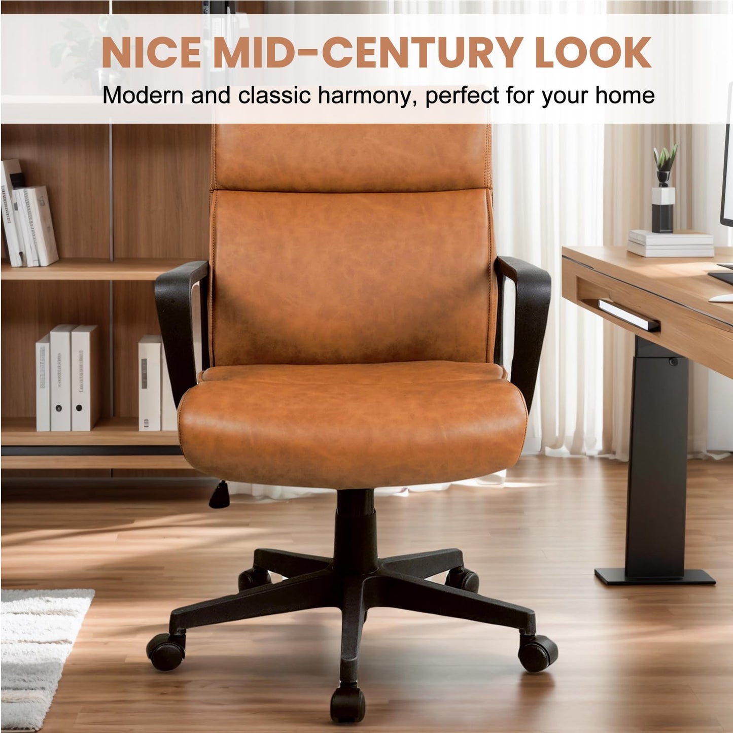 Artswish Brown Leather Office Chair, Mid-Back Ergonomic Computer Chair with Wheels Arms, 360° Swivel Adjustable Task Chair with Rolling Casters for Home Office, Bedroom, Study