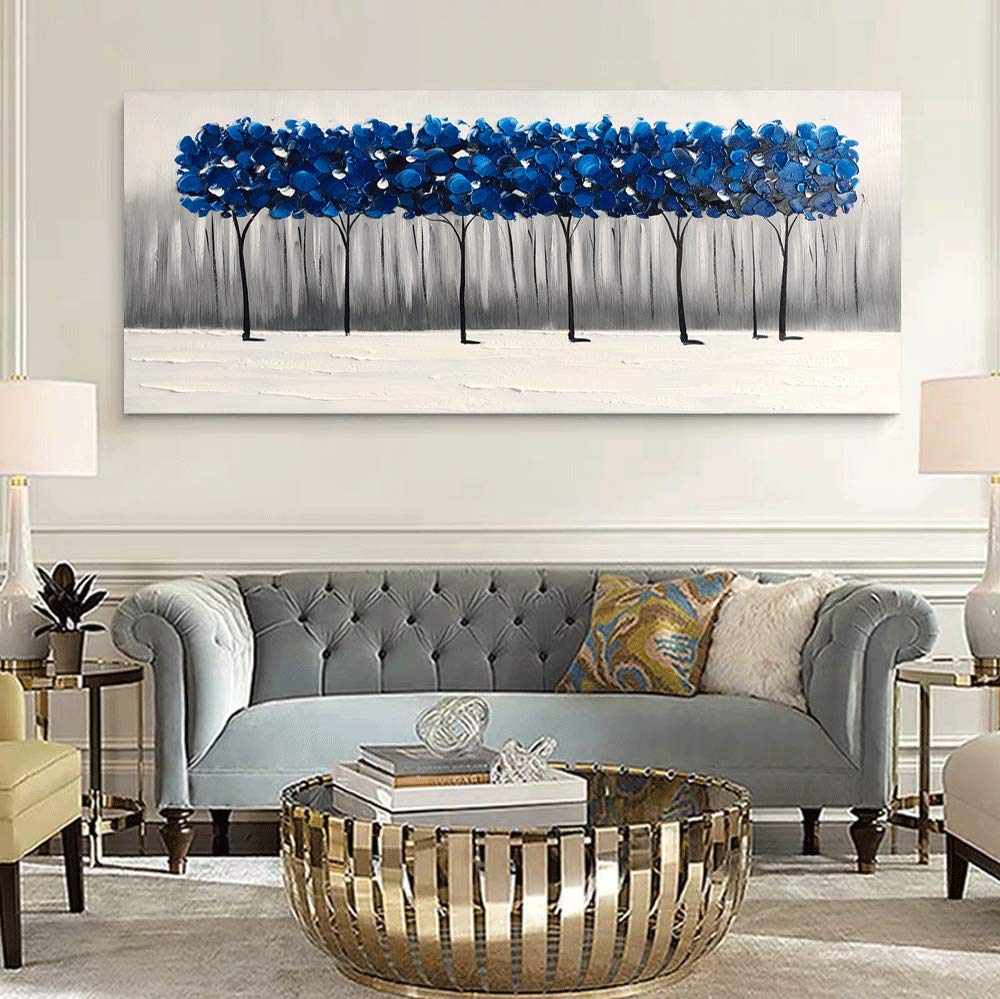 Yihui Arts Hand Painted Blue Tree Landscape Oil Painting on Canvas, Modern Abstract Wall Art for Living Room, Bedroom, Office Decor