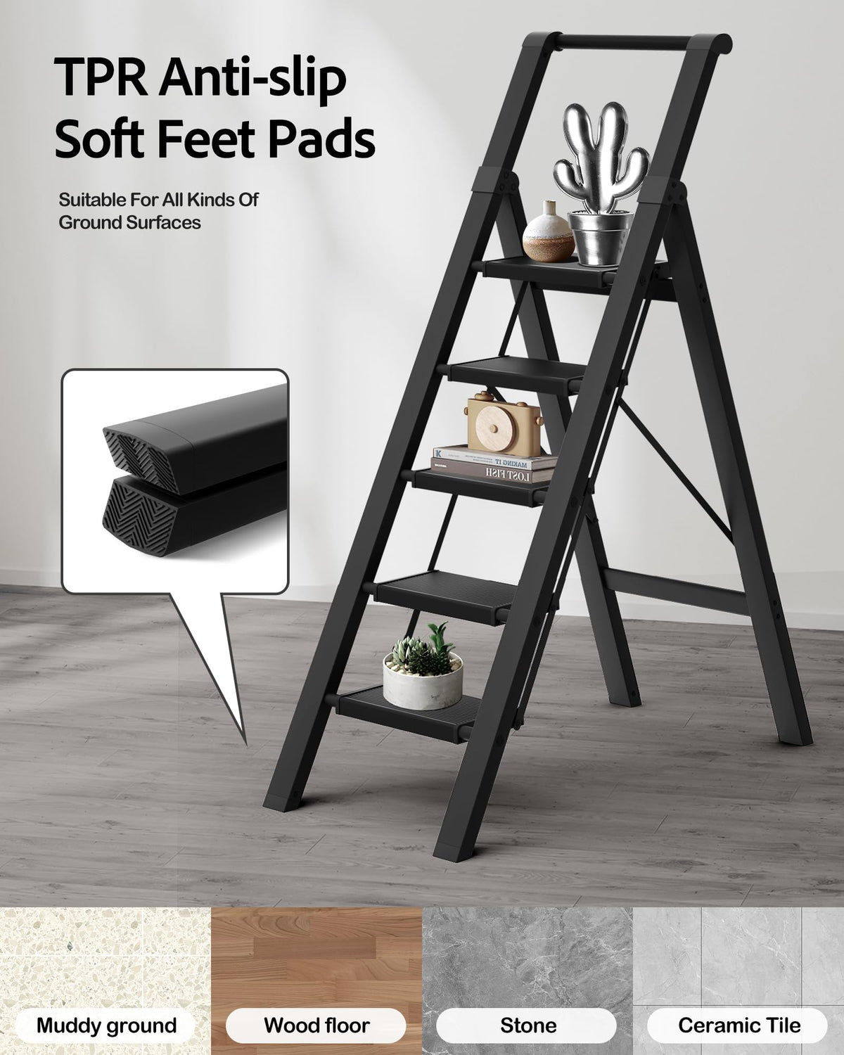 BEFITMACE 5 Step Ladder, Lightweight Folding Step Stool withConvenient Handgrip,Aluminum 330lbs Capacity Step Ladderfor Office,Household,Kitchen(Black)