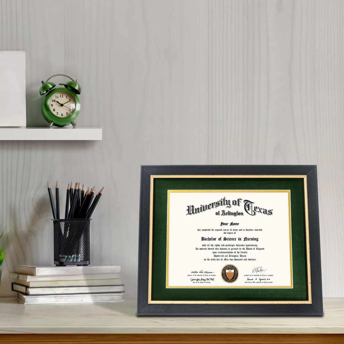 GMFrames 8.5x11 Wood Diploma Frame with Green Mat or Display 11x14 Certificates without Mat,Tempered Glass,Rustic Black Finish with Gold Trim