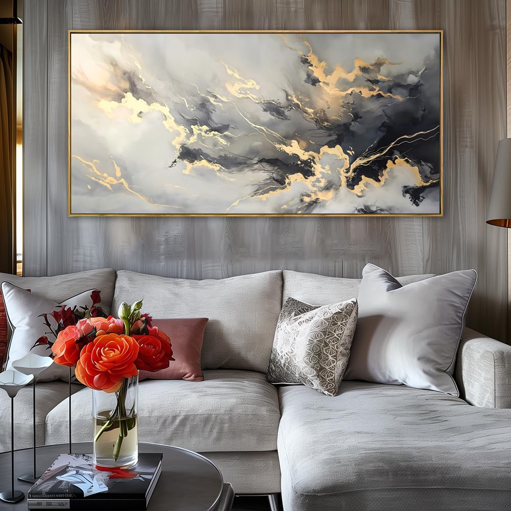 youkuart Wall Art Abstract Artwork Fluid Lines Marble Art Black and Gold Canvas Prints for Living Room Bedroom Dining Room Home Office Decor Large Framed Ready to Hang 20"x40"