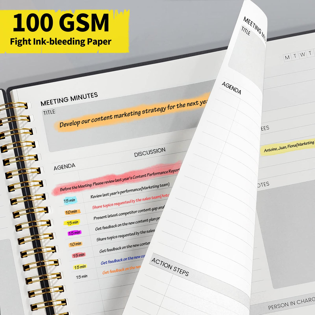 SUNEE Meeting Notebook for Work with Sticky Tabs - 160 Pages, A4 Size Project Planner, Spiral Meeting Agenda/Minutes Notebook Organizer for Women Men, Note Taking, Office & Business, 8.5"x11", Black