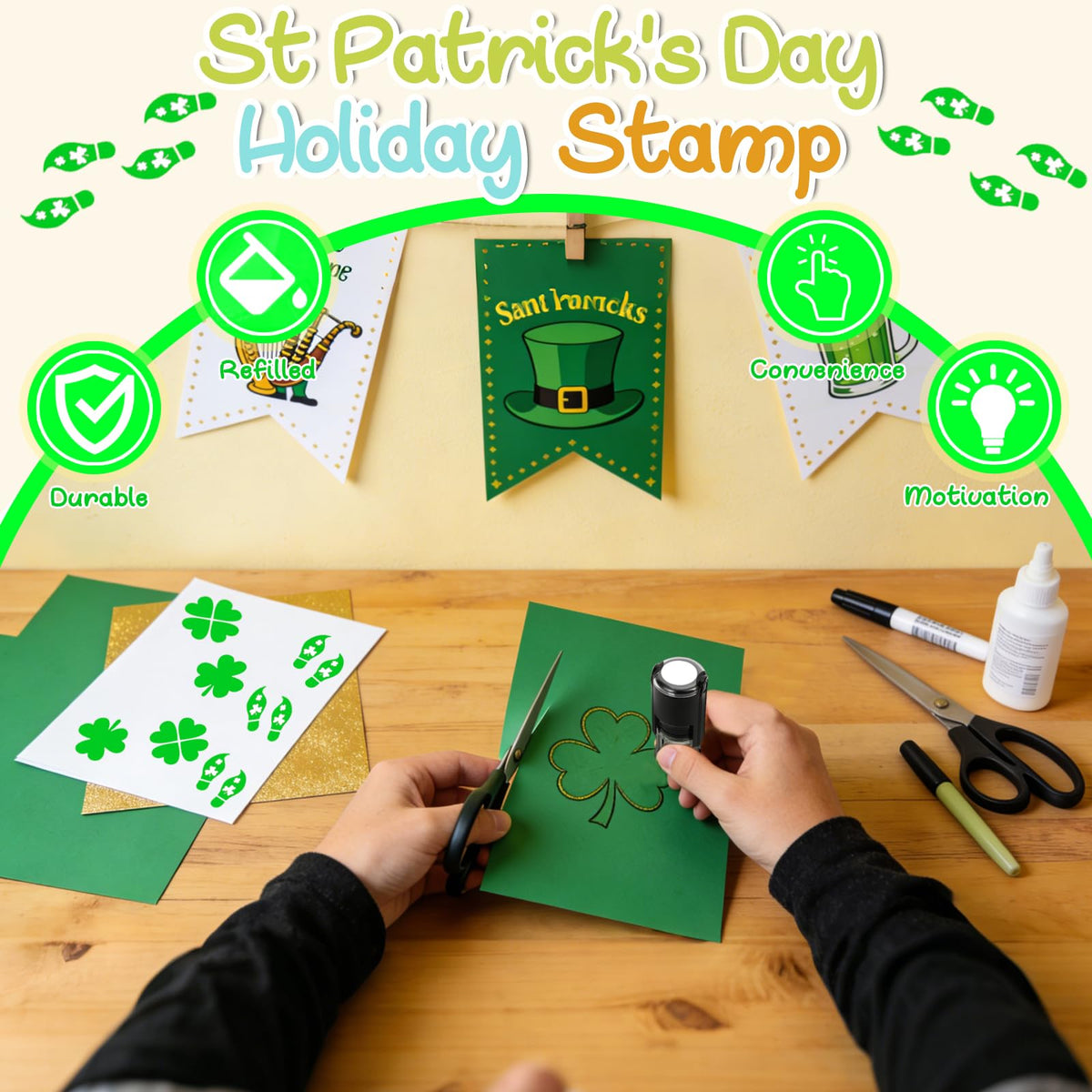 Bertiveny St. Patricks Day Stamp Shamrock Stamps Self Inking Lucky Clover Stamps for Irish St Patricks Day Three Leaf Clover Stamp for Card Making Supply Spring Holiday Stamp for Crafting
