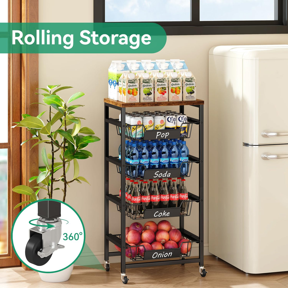 IBUYKE Kitchen Fruit Vegetable Storage Cart with Drawers,Metal Rolling Utility Cart with Fruit Basket and Wooden Top,Rolling Snack Kitchen Cart for Bedroom,Pantry,Office,Rustic Brown UTLJ026H