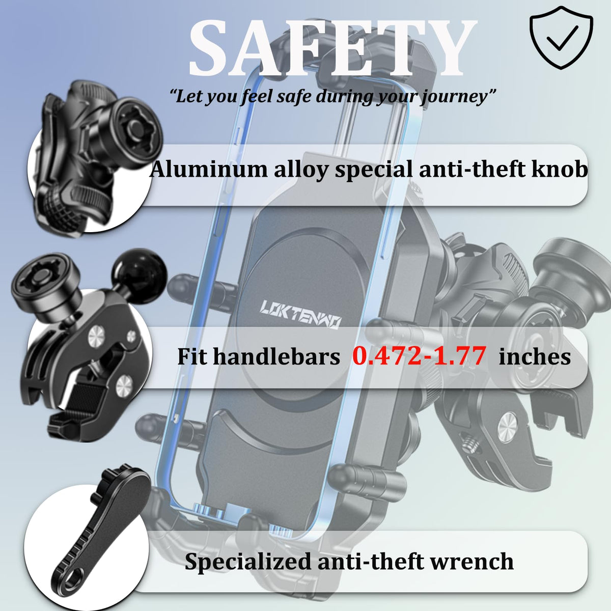 LOKTENWO Motorcycle Phone Mount with Vibration Dampener & High-Speed Secure Lock, Anti-Theft ATV Scooter Motorcycle Handlebar Phone Holder for 5.4” to 7.2” Smartphone