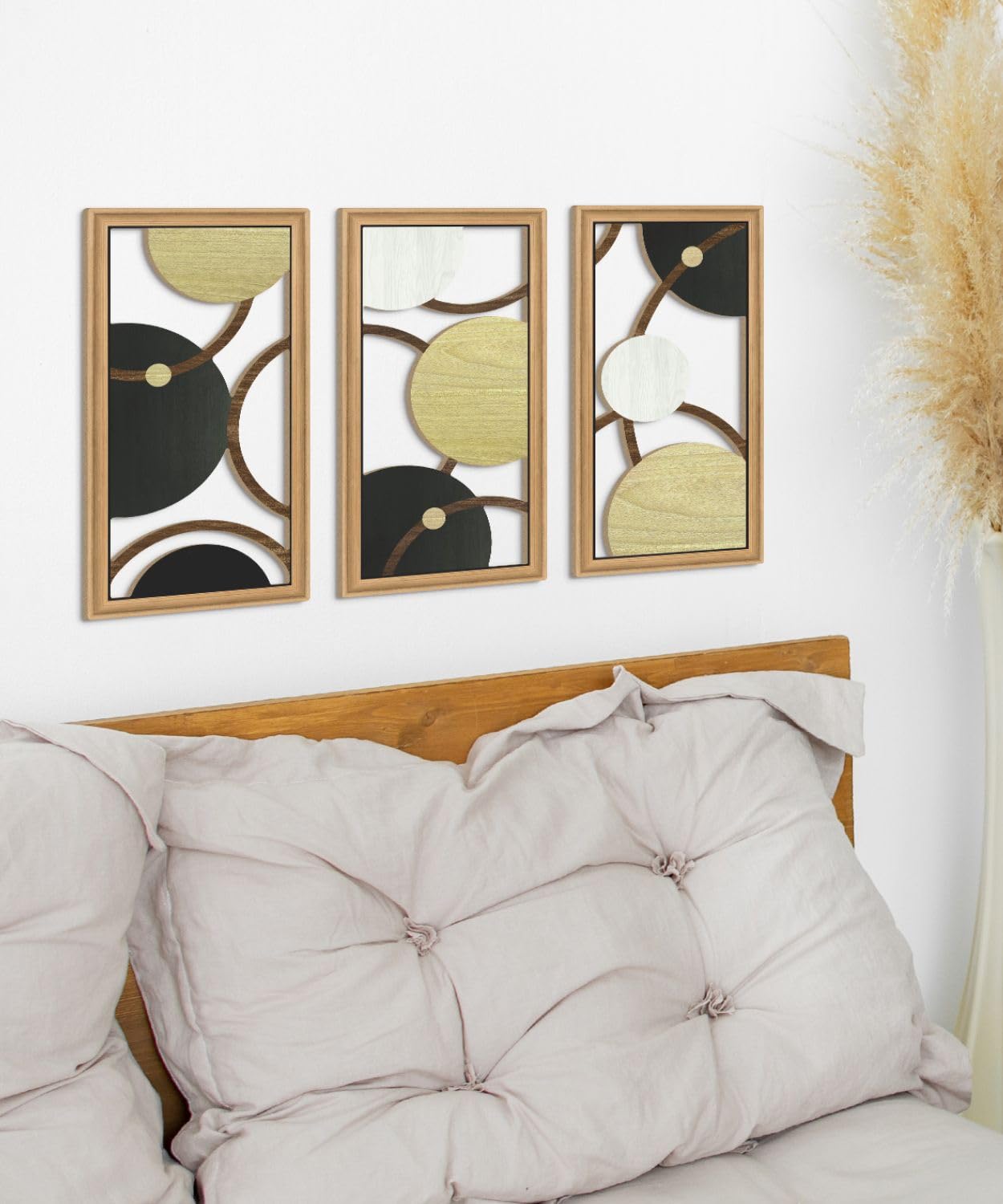 Putuo Decor Modern Geometric Cut-Out Wall Art Set of 3, Black Gold Circle Wall Panels for Living Room Bedroom Office, 3D Layered Abstract Metal Look Wall Decor