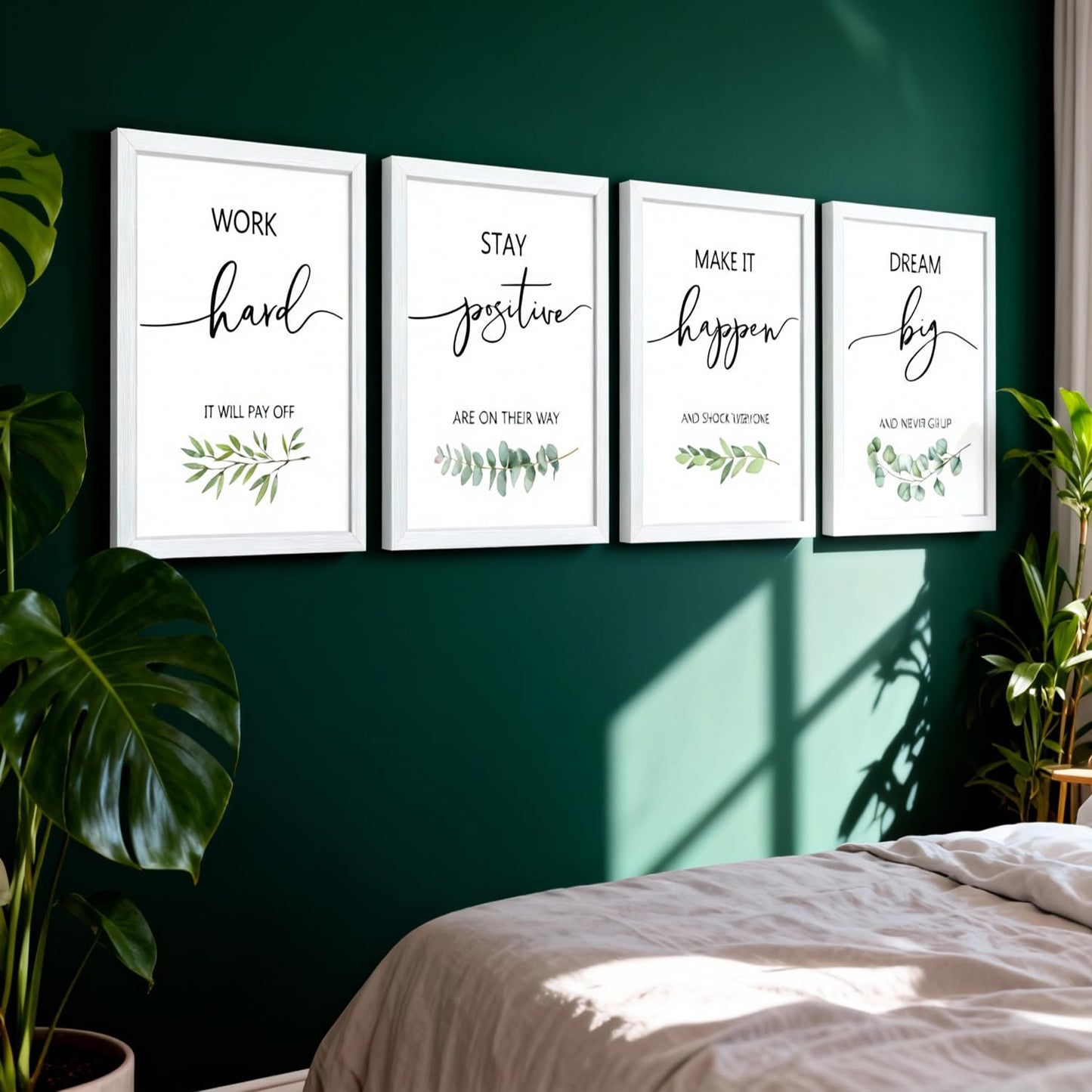 Motivational Wall Art Set of 4, 16 x 11 Inch Framed Inspirational Quotes Prints, Wooden Frame Modern Home Decor for Bedroom, Office, Living Room