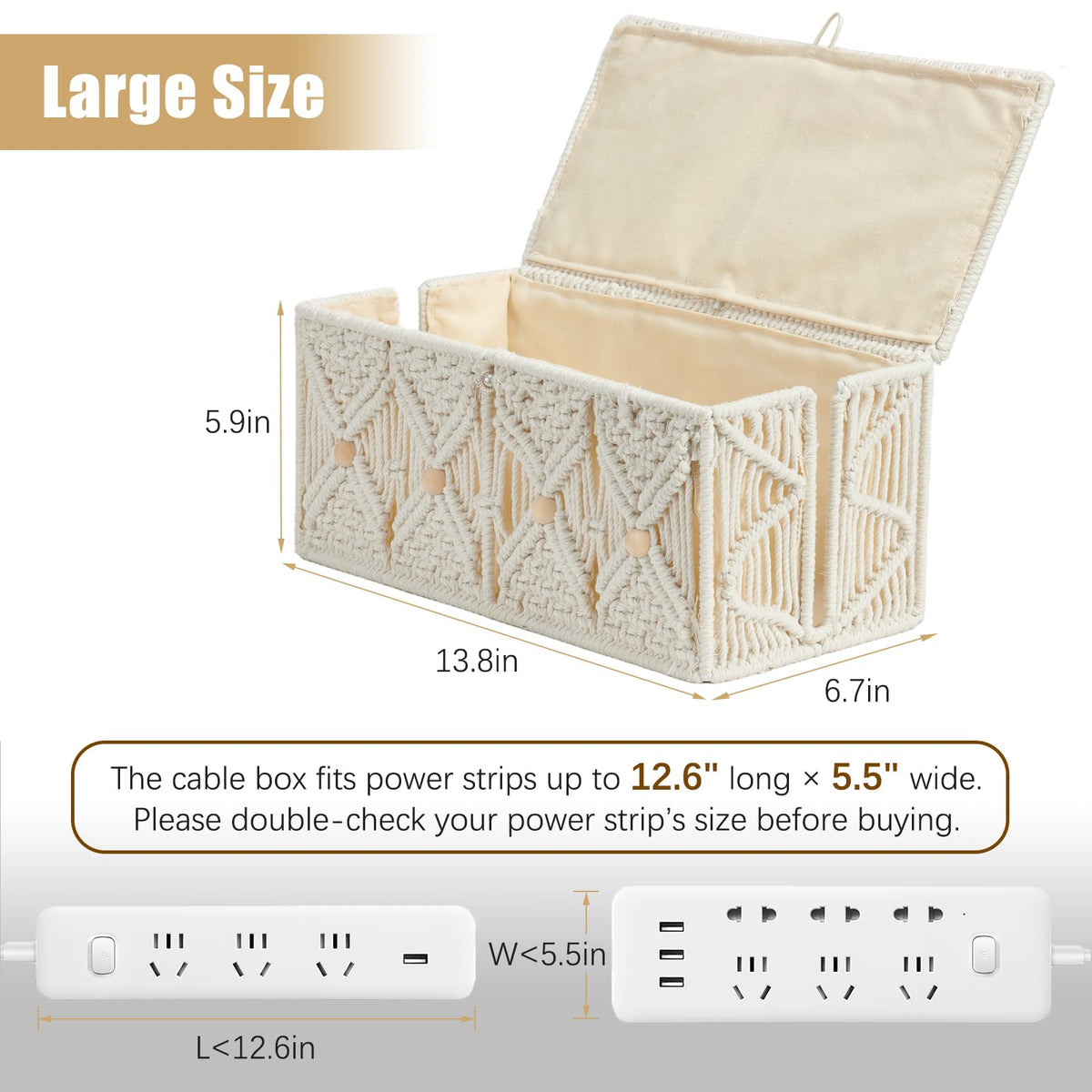 VinneGenzz Cable Management Box Handmade Macrame Cord Storage Organizer Power Strips Outlet Router Adapter TV Wire Hider Cover Under Desk Natural Cotton Rope Woven Boxes with Lid (Off White, Large)