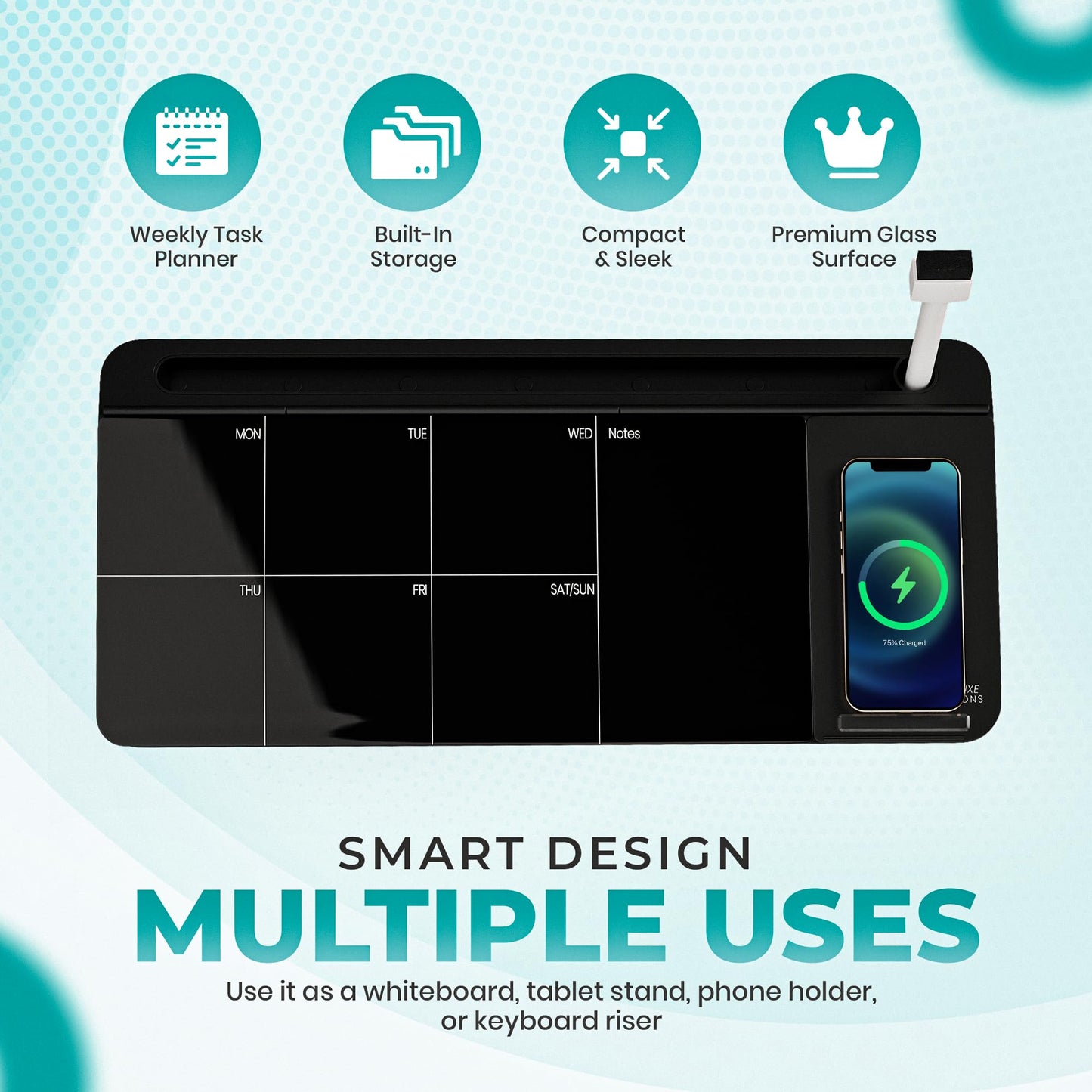 NEXTLUXE Glass Desk Whiteboard with Wireless Charger - Desktop Whiteboard with Storage, Weekly Planner, Dry Erase Pad, Organizer Drawer for Home, School, Office Gadgets – Black (Black)