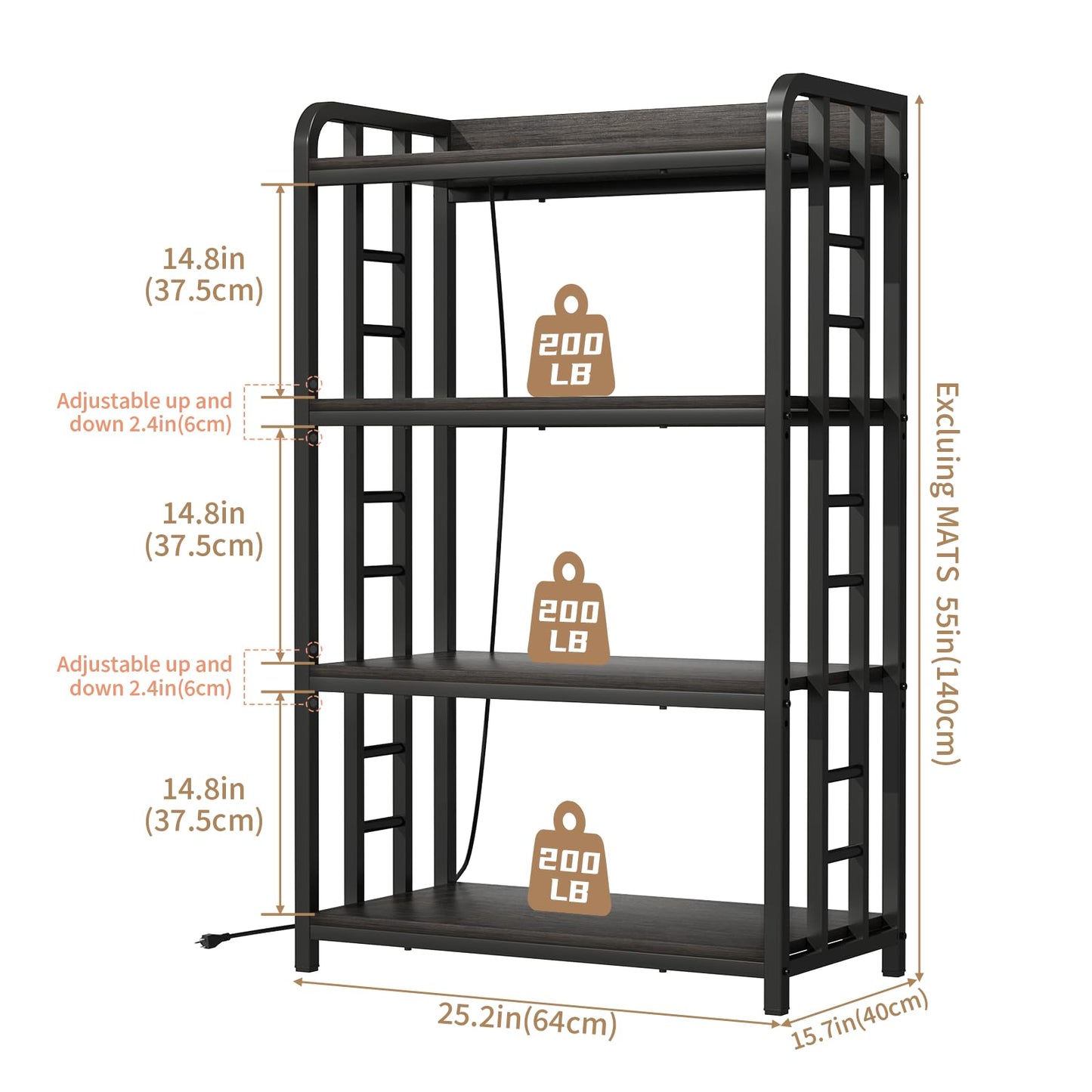 TIFFLOI Adjustable Bakers Rack with Power Outlet, 4 Tier Microwave Oven Stand, Heavy Duty Kitchen Storage Rack for Garage Dining Room, Black