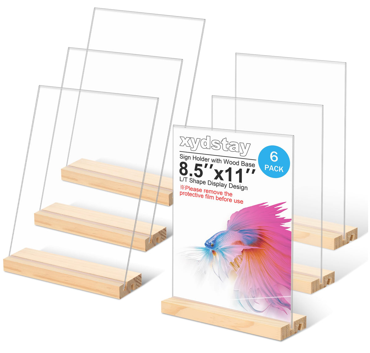xydstay 6pack 8.5x11 Acrylic Sign Holder with Wood Base for Picture Frames,L/T Shape Double Slot Design for Vertical or Slant Back Display, for Restaurant, Office, School, Store and Home Use