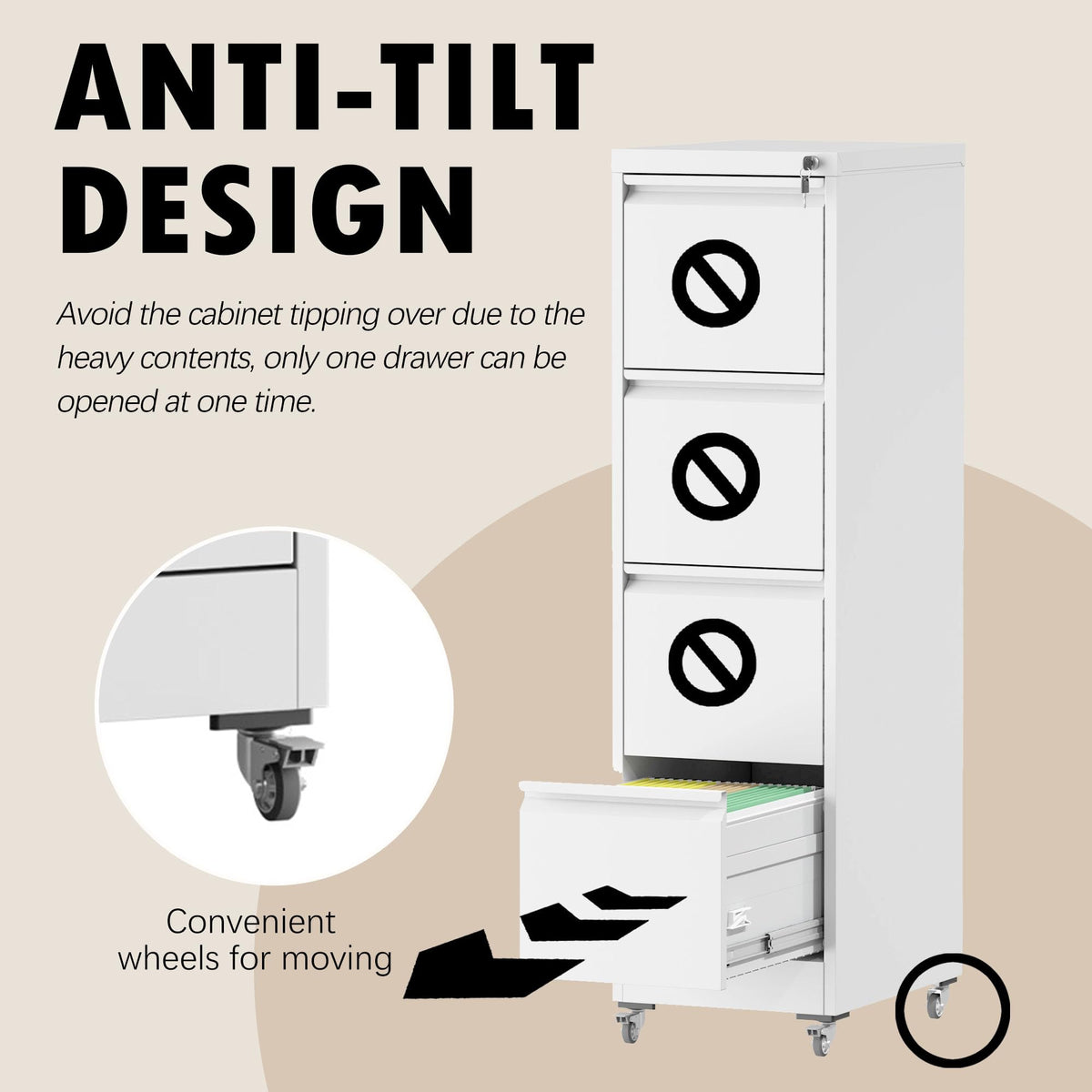 FOSTOKO File Cabinet with Lock, 4 Drawers Filing Cabient with Wheel, Steel Vertical Filing Storage Cabinet for Home Office, Heavy-Duty File Cabinets for Letters/Legal/A4 (Require Assembly, White)