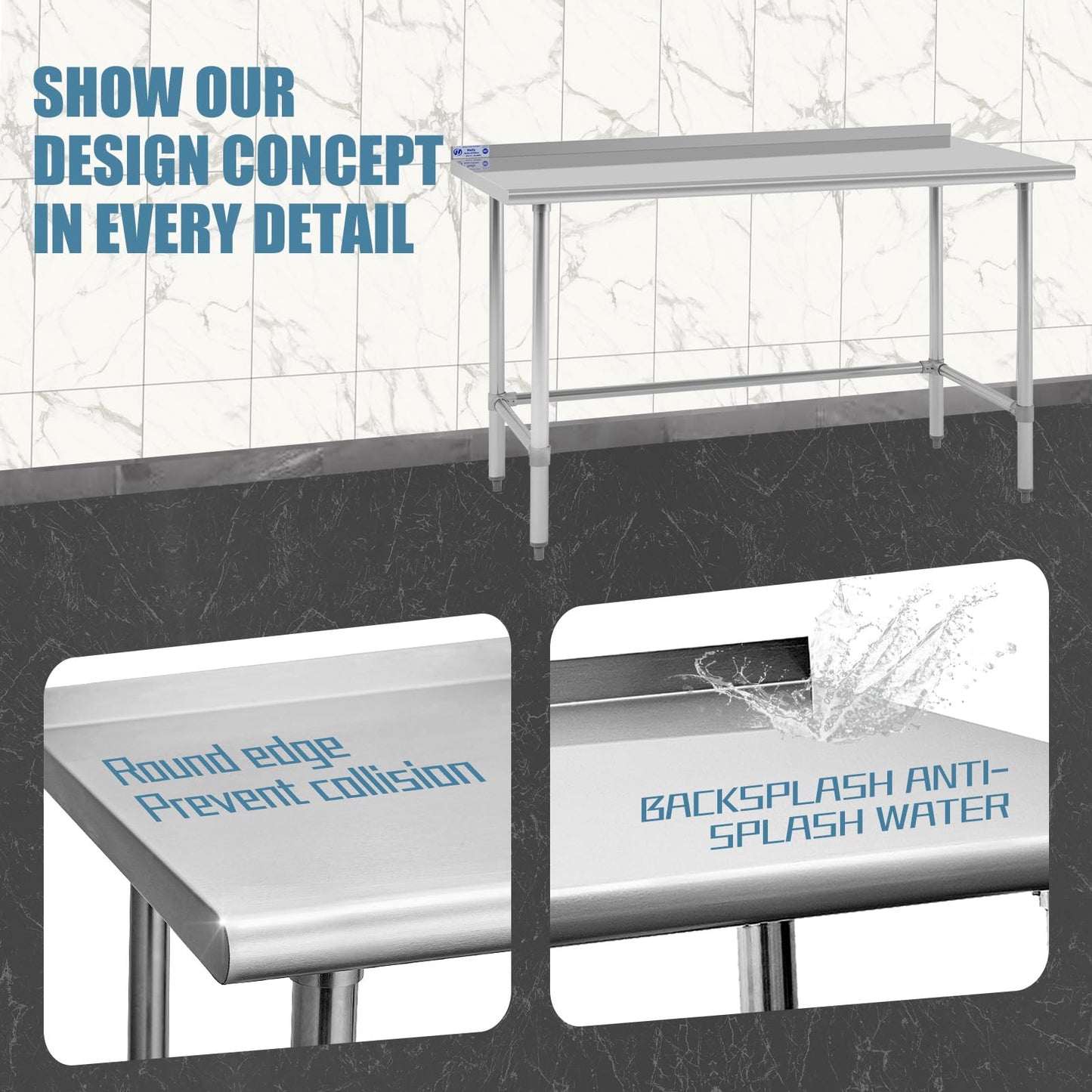 Hally Open Base Stainless Steel Table 24 x 60 Inches, NSF Commercial Heavy Duty Prep & Work Table with Backplash and Galvanized Legs for Restaurant, Home and Hotel