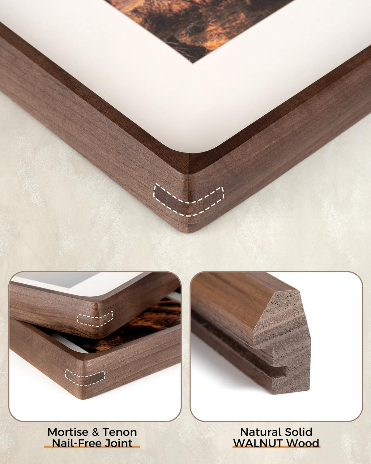 RICHFOCUS 4x6 Picture Frame USA-Sourced Natural Walnut Solid Wood Photo Frame Handcrafted Rounded Corner Wooden Frame with Real Glass Display Photos 3x5 with Mat or 4x6 Without Mat