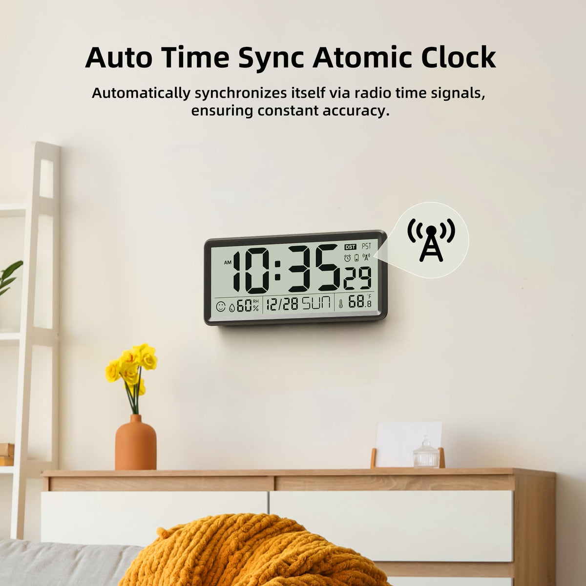 EASYERA 15'' Large Digital Wall Clock Battery Operated, Atomic Clock with Indoor Temperature and Humidity, Self-Setting with Auto DST, for Kitchen, Classroom, Living Room (Batteries Not Included)