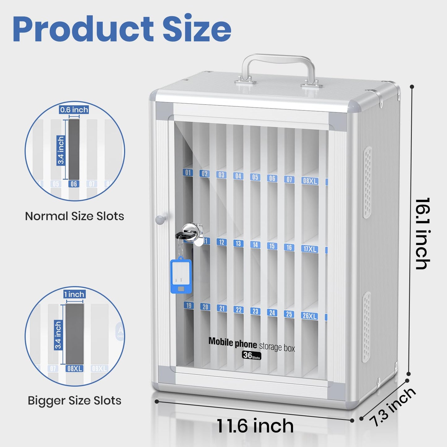 Lockbako 36 Slots Cell Phone Locker for Classroom, Portable Mobile Phone Storage Box with 【2 Different Size Slots】, Phone Lock Box Wall Mounted (Silver)