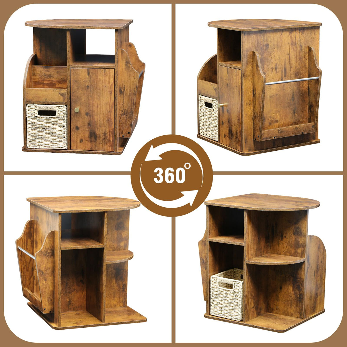 TooCust Rotating End Table with Storage, Swivel Side Table Living Room, Side Table with Magazine Holder, Basket and Cabinet, Sofa Side Farmhouse End Tables with Open Shelf (Rustic Brown)