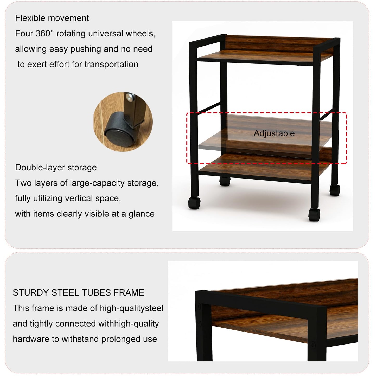 Aopark 2-Tier Rolling Utility Cart Night Stand Organizer with Brown Wood Shelves and Black Metal Frame, End Side Table Storage Trolley on Wheels for Kitchen Office, Bathroom, Living Room