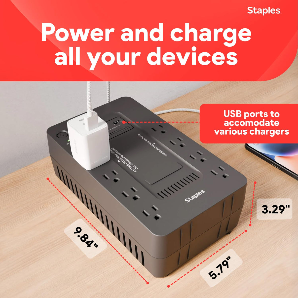 Staples TECH 650VA UPS Battery Backup with 8 Outlets – Standby Power Supply & Surge Protection for Computers, Routers & Home Office Electronics, Black