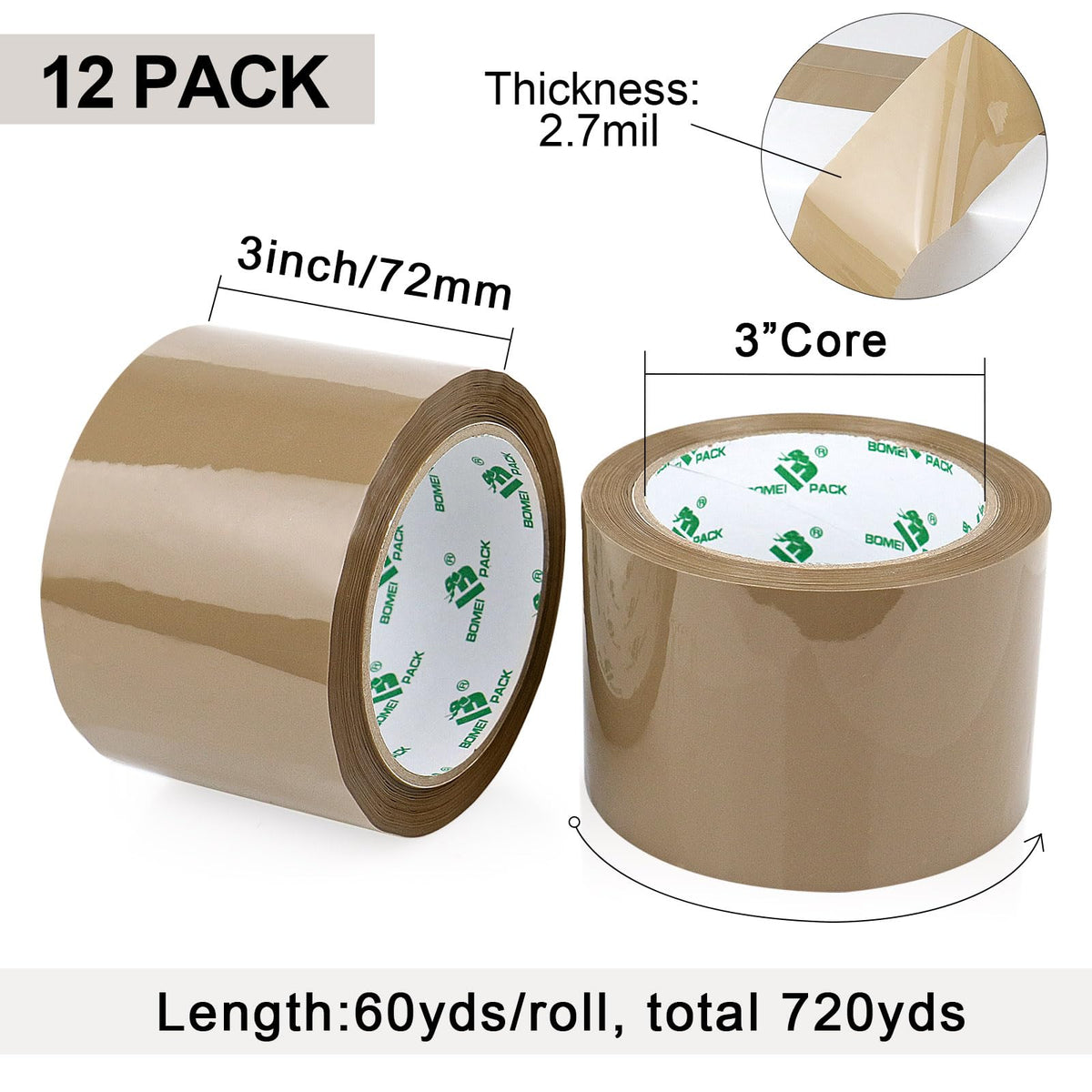 BOMEI PACK Brown Packing Tape 3 inch Wide, 12Rolls Heavy Duty Brown Packing Tape Refills Rolls for Moving Boxes, Shipping and Storage, 2.7 Mil x 60 Yards