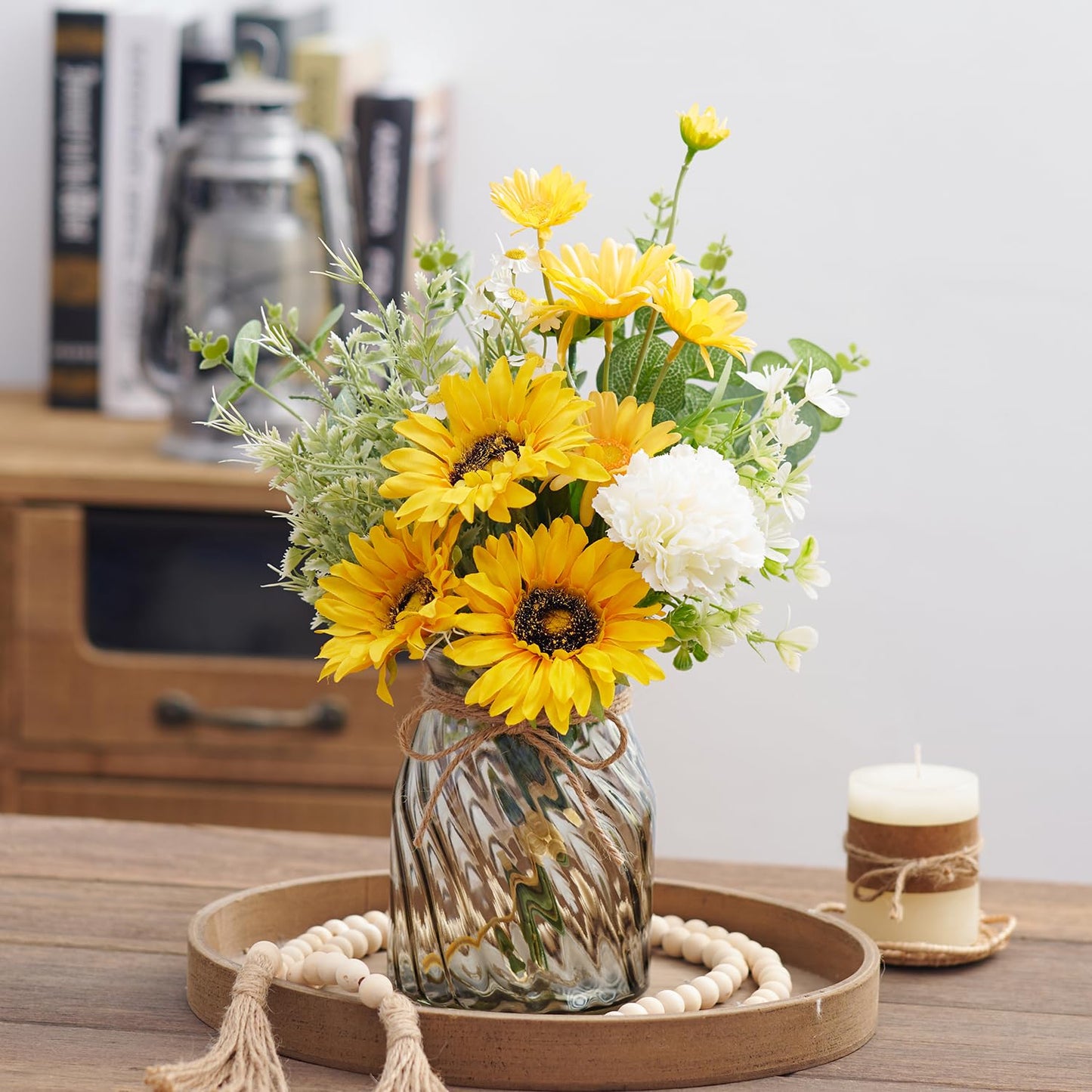 COZZI CODI Fake Flowers Artificial Sunflowers with Vase, Faux Silk Flowers Plants for Home Office Decorations, Kitchen Dining Table Decor, Farmhouse Centerpiece Table Decoration